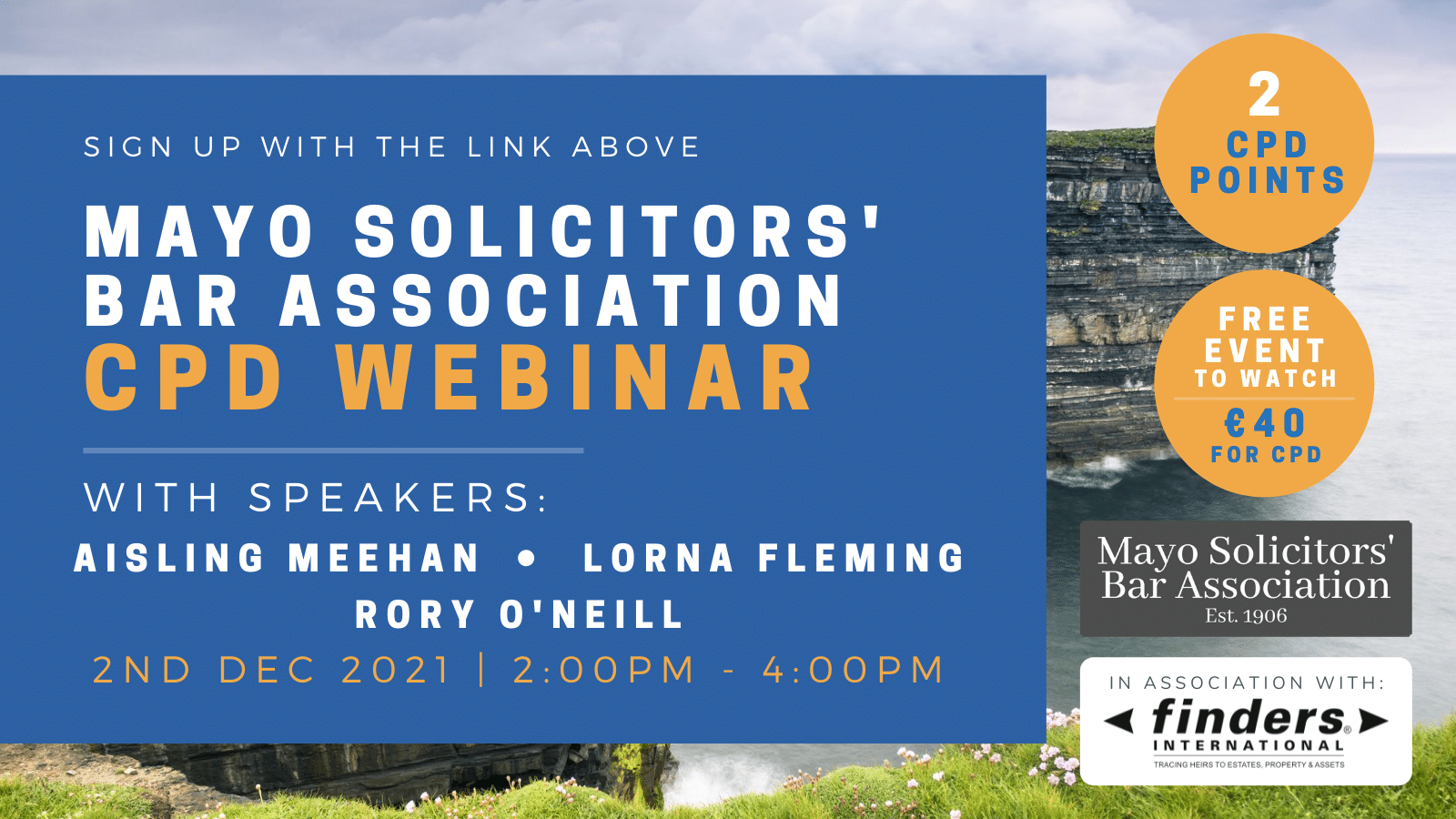 Mayo Sols Bar Association Webinar|Mayo Solicitors + Finders International Joint logo|Aisling Meehan|